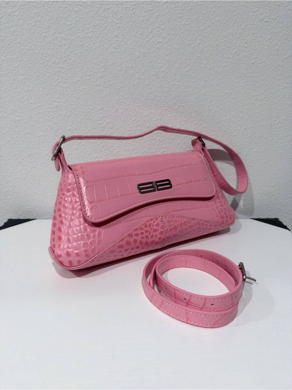 Pink Croc-Effect Shoulder Bag with Detachable Strap